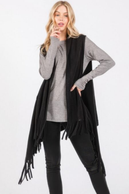 Embossed Dotted Line Tassel Knit Vest