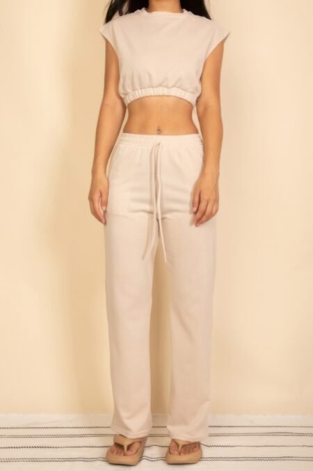 Elastic Hem Crop Top & Wide Leg Pants Set With Faux Drawstring