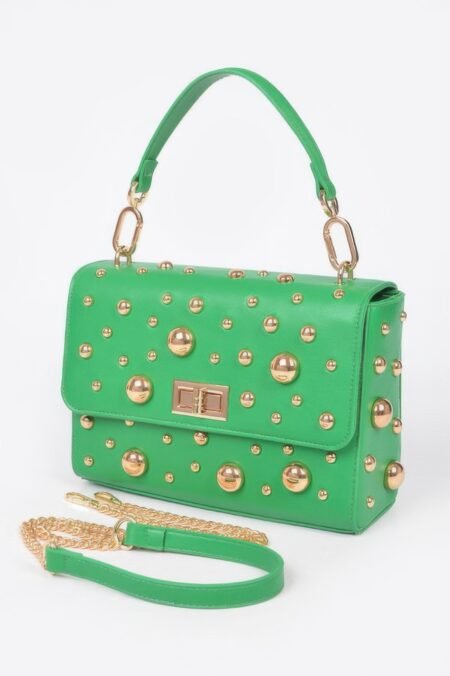 Faux Leather Multi Metal Studded Shoulder Bag