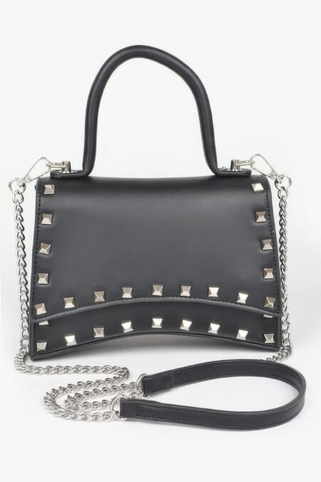 Metallic Faux Leather Studded Top Handle Clutch