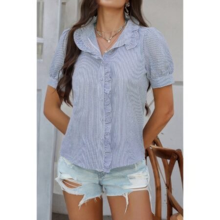 Strip Button Down Ruffle Hem Puff Short Sleeve Shirt