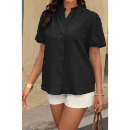 Button Down Lantern Puff Short Sleeve V Neck Top
