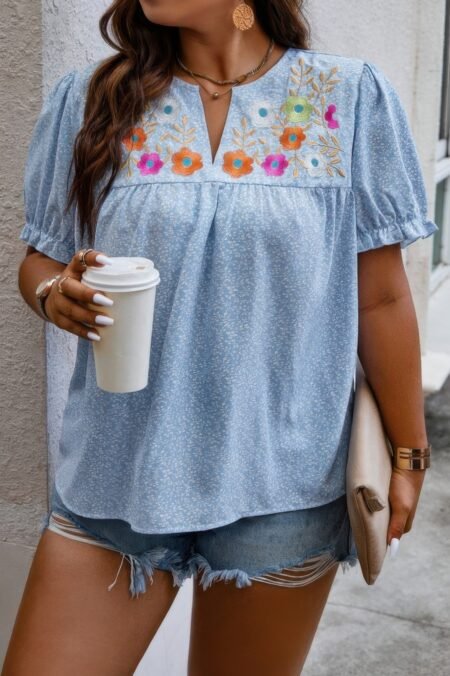 Plus Boho Flower Decoration Loose V Neck Shirt