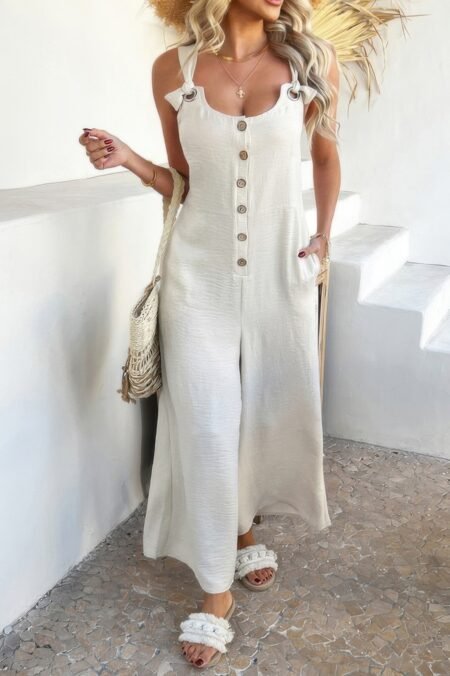 Button Front Knotted Strap Wide Leg Jumpsuit