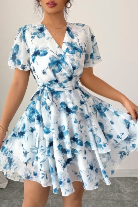 Floral V Neck Ruffle Sleeve Tie Belt Dress