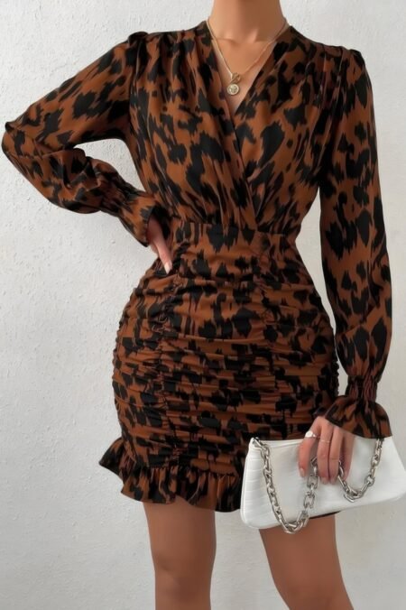 Ruched Ruffled Leopard Long Sleeve Fit Dress