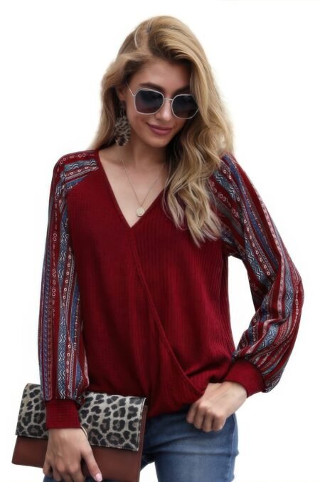Color Block Deep V Neck Raglan Sleeve Wrap Top