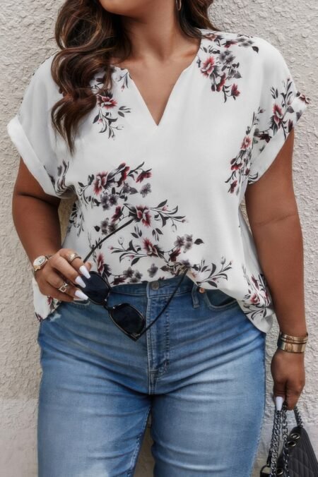Plus Size Floral Print V Neck Loose Blouse
