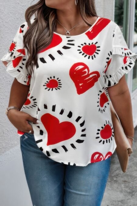 Plus Size Heart Print Ruffle Hem Sleeve Shirt
