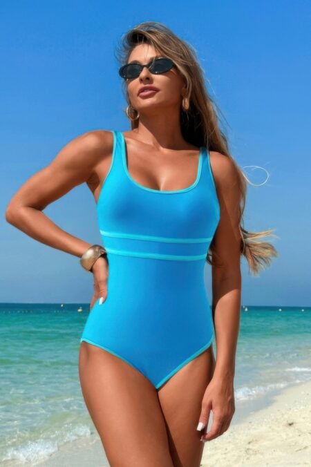 U Neck Contrast Trim Strip One Piece Swimsuit