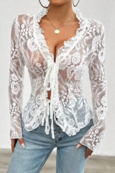 Hollow Out Lace Solid Knot Wrap Ruffle Hem Top
