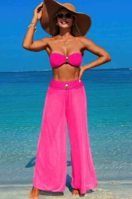 Solid Color Metal Decor Beach Bikini Pants Set