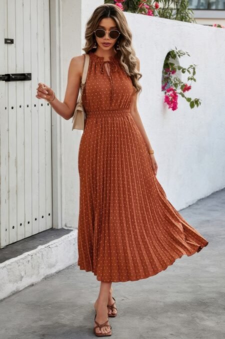 Sleeveless Dot Print Cross Fit Pleated Dress