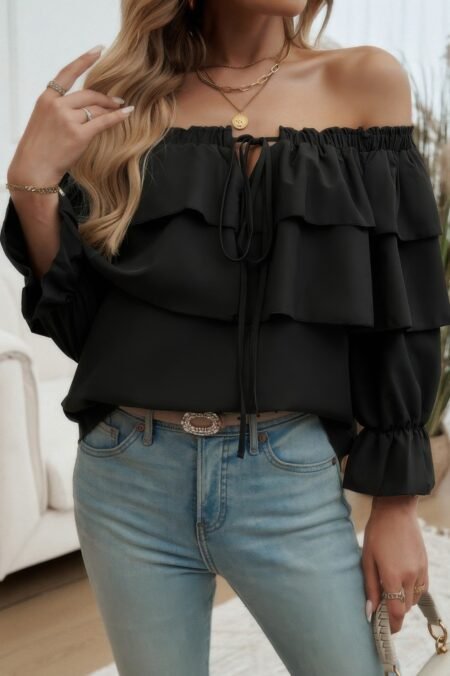 Tiered Ruffles Drawstring Ruched Neck Blouse