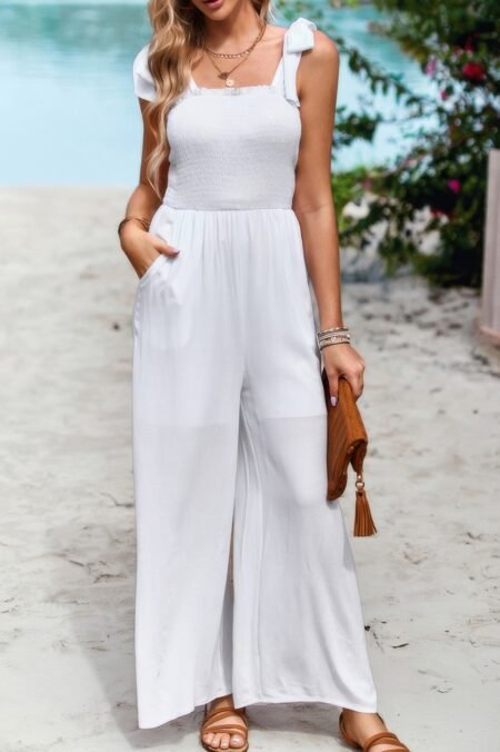 Knot Soild Ruched High Waist Pockets Jumpsuit