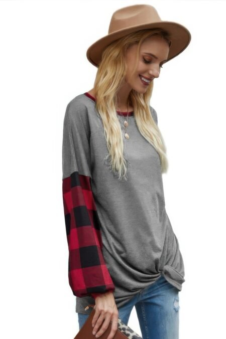 Round Neck Lantern Sleeve Patchwork Pullover