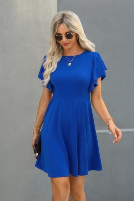 Crew Neck Ruffled Short Sleeve Solid Dress
