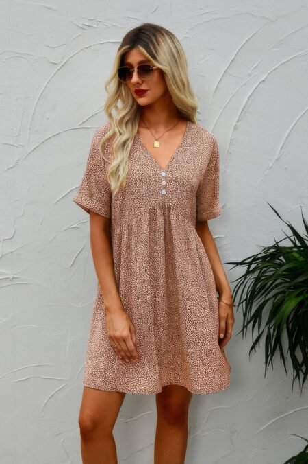 V Neck Short Sleeve Print Tunic Short Dress