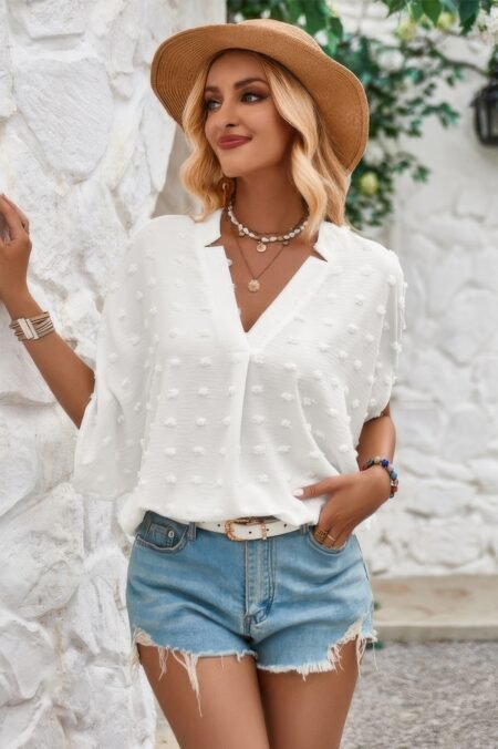 Swiss Dot V Neck Loose Half Sleeve Blouse