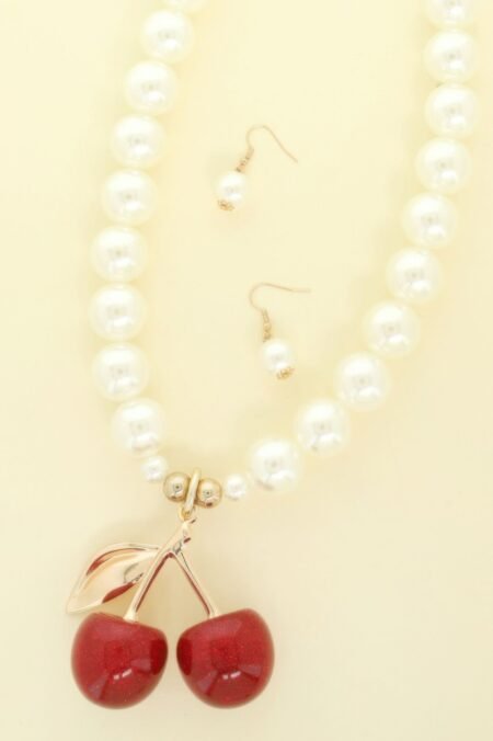 Cherry Pendant Pearl Necklace Set