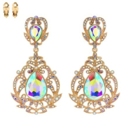 Crystal Teardrop Shaped Filigree Clip On Earrings