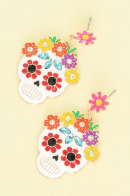 Floral Jeweled Enamel Sugar Skull Earrings