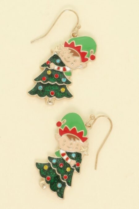 Christmas Tree With Elf Enamel Earrings