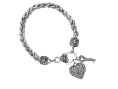 Filigree Heart And Key Charm Chain Bracelet
