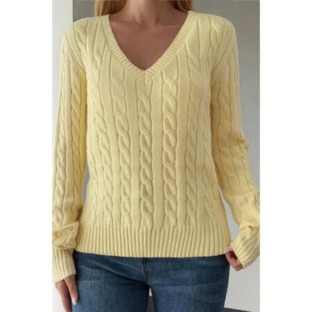 Cable Knit V Neck Long Sleeves Fit Sweater