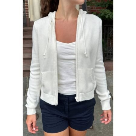 Solid Ribbed Knit Zipper Pockets Hoodie