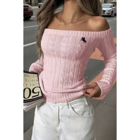 Off Shoulder Cable Knit Solid Long Sleeves Sweater